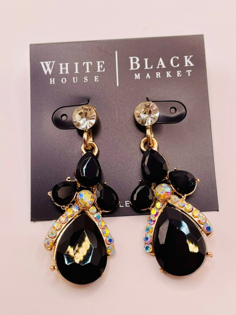 White House Black Market Gold-Tone Black & Crystal Drop Earrings -77B